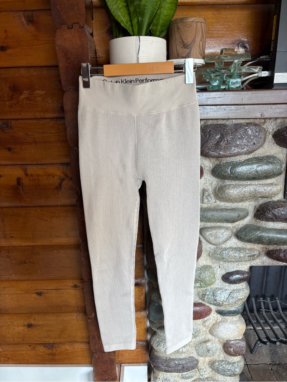Calvin Klein Performance High Waist Ribbed Leggings Beige Taupe